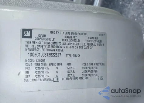 2007 Chevrolet Silverado 1500 Lt1 из США, поврежденный, VIN 1GCEC19C37Z522627